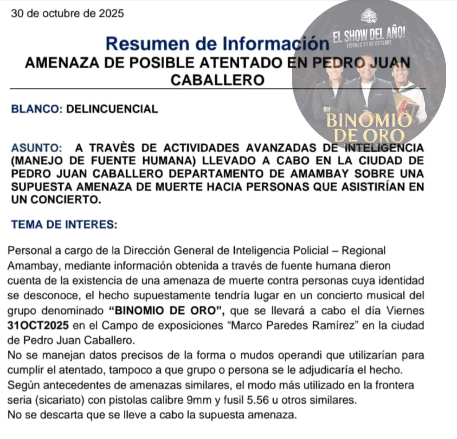 Supuesto atentado en concierto de Binomio de Oro: organizadores aseguran que buscan generar terror