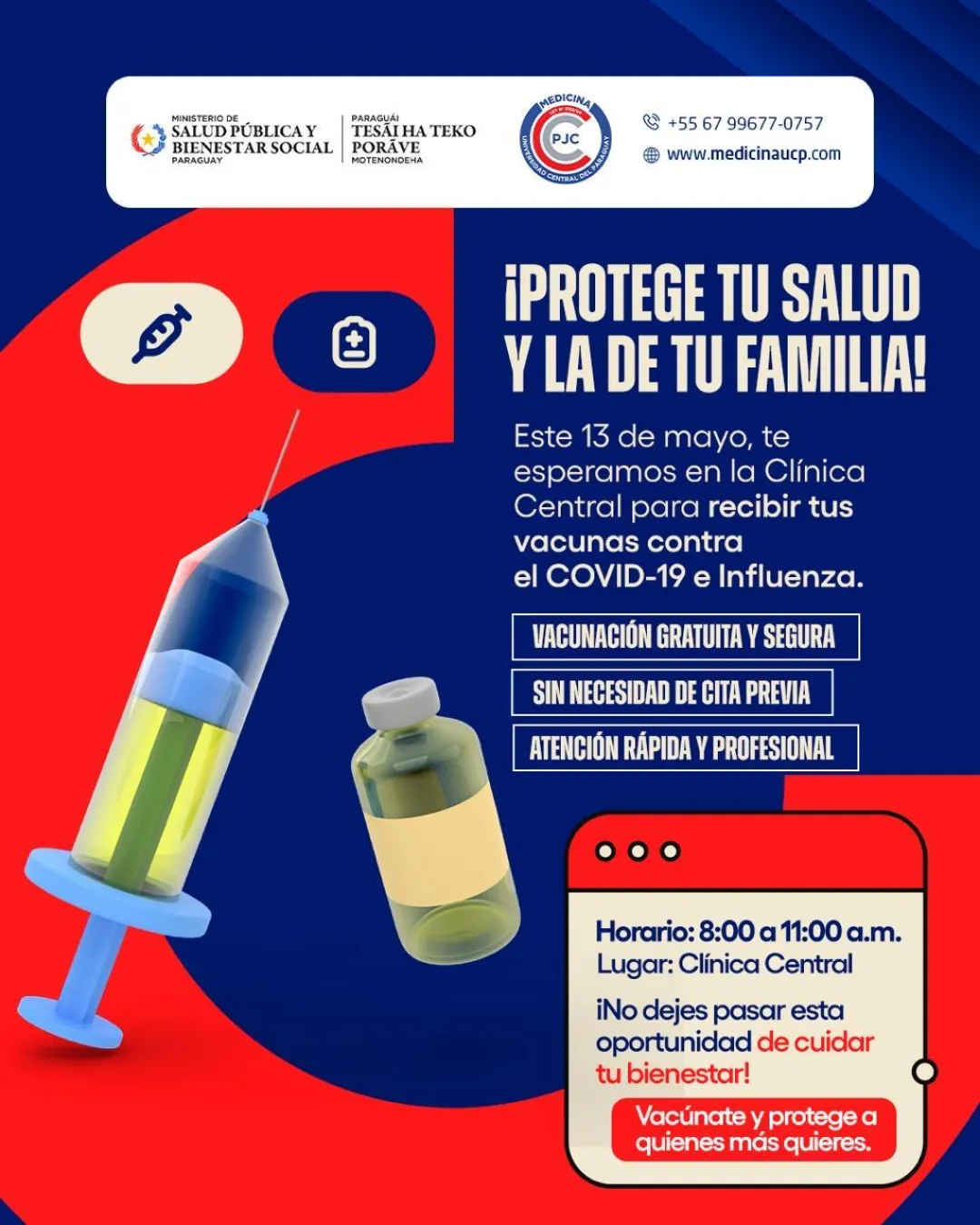 Anuncian jornada de vacunación gratuita contra el COVID-19 e Influenza en la Clínica Central de UCP