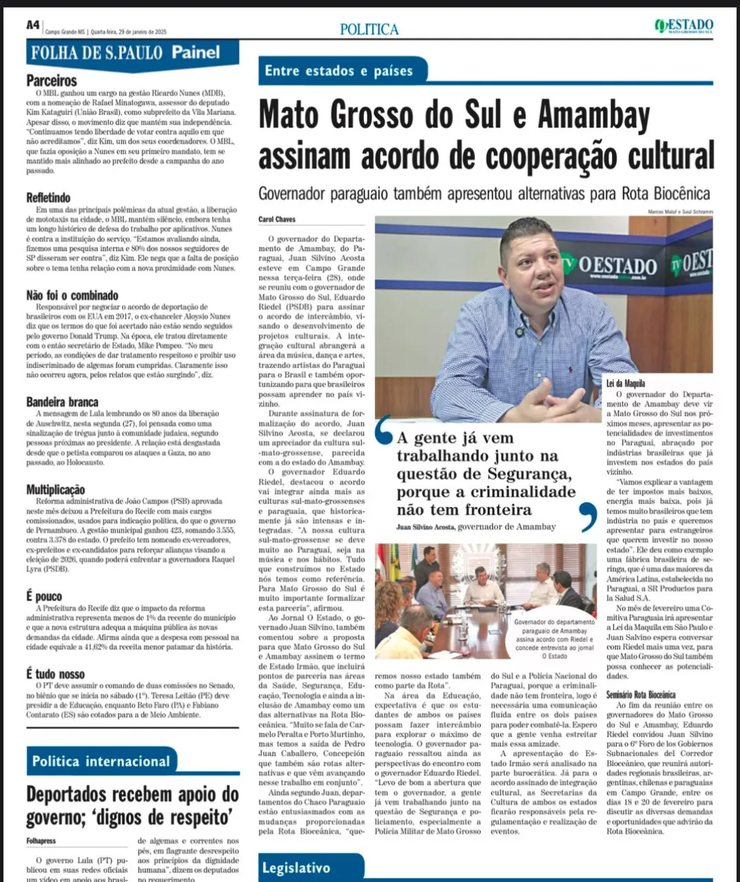 Prensa brasileña destaca acuerdo cultural entre los Gobernadores de Amambay y Mato Grosso do Sul