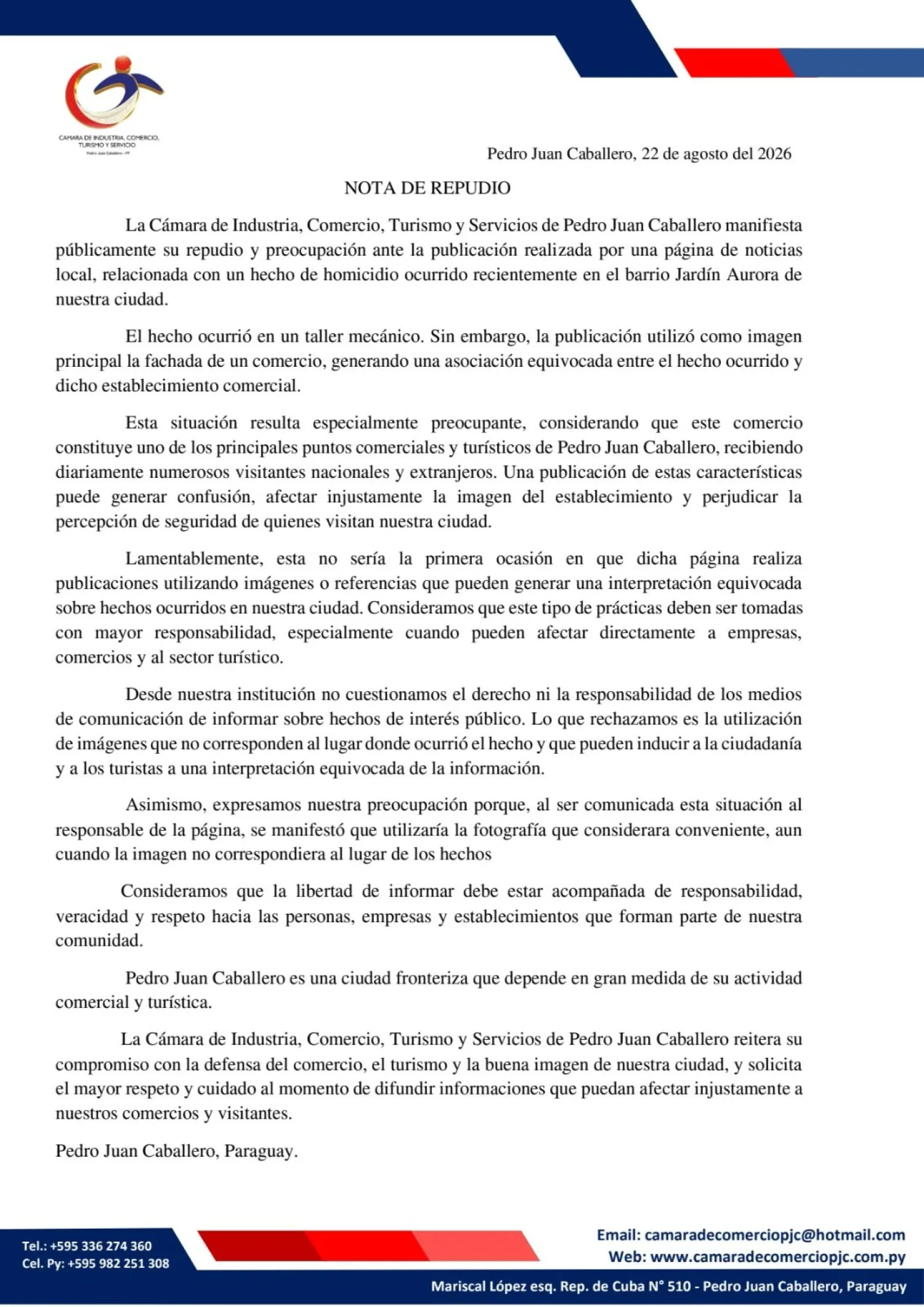 Cámara de Comercio de Pedro Juan Caballero expresa repudio por publicación que vincula a un comercio con un homicidio